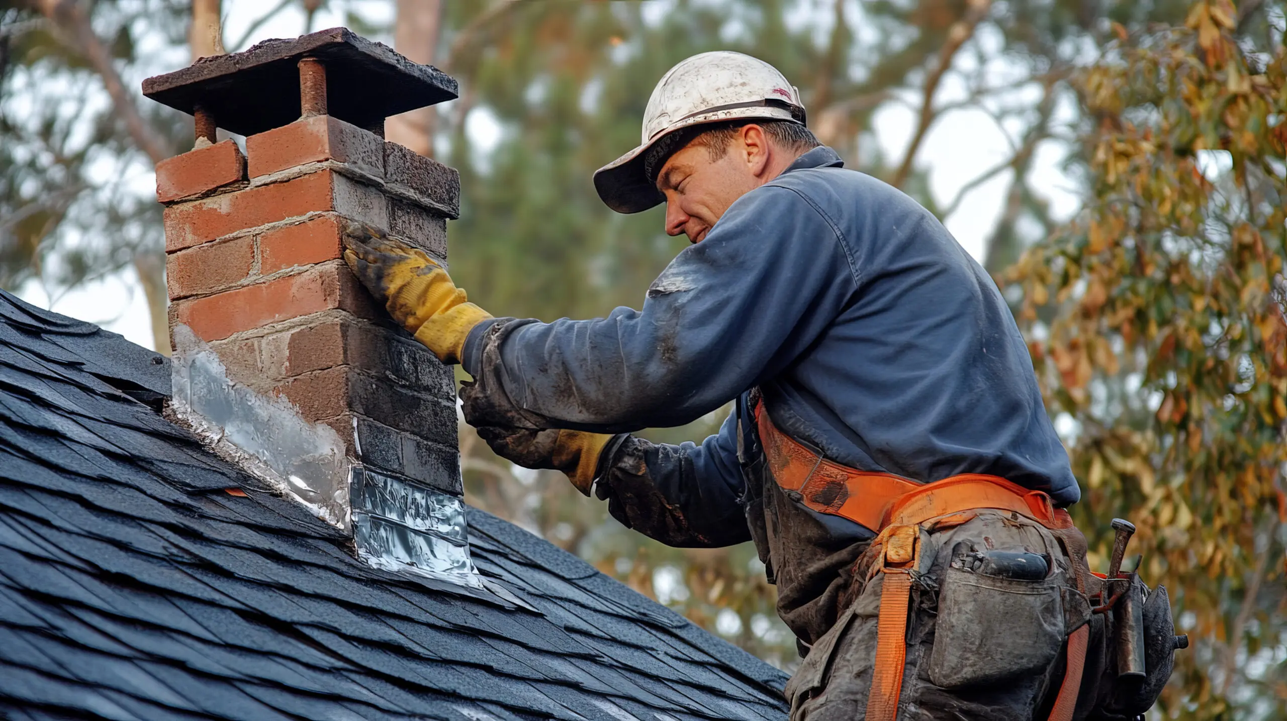 worker applying flashing around chimney on roof, showcasing skilled craftsmanship and attention to detail. scene captures dedication and safety measures taken during roofing work Adhesive being spread evenly to protect a roof | AIM Mastics and Adhesives